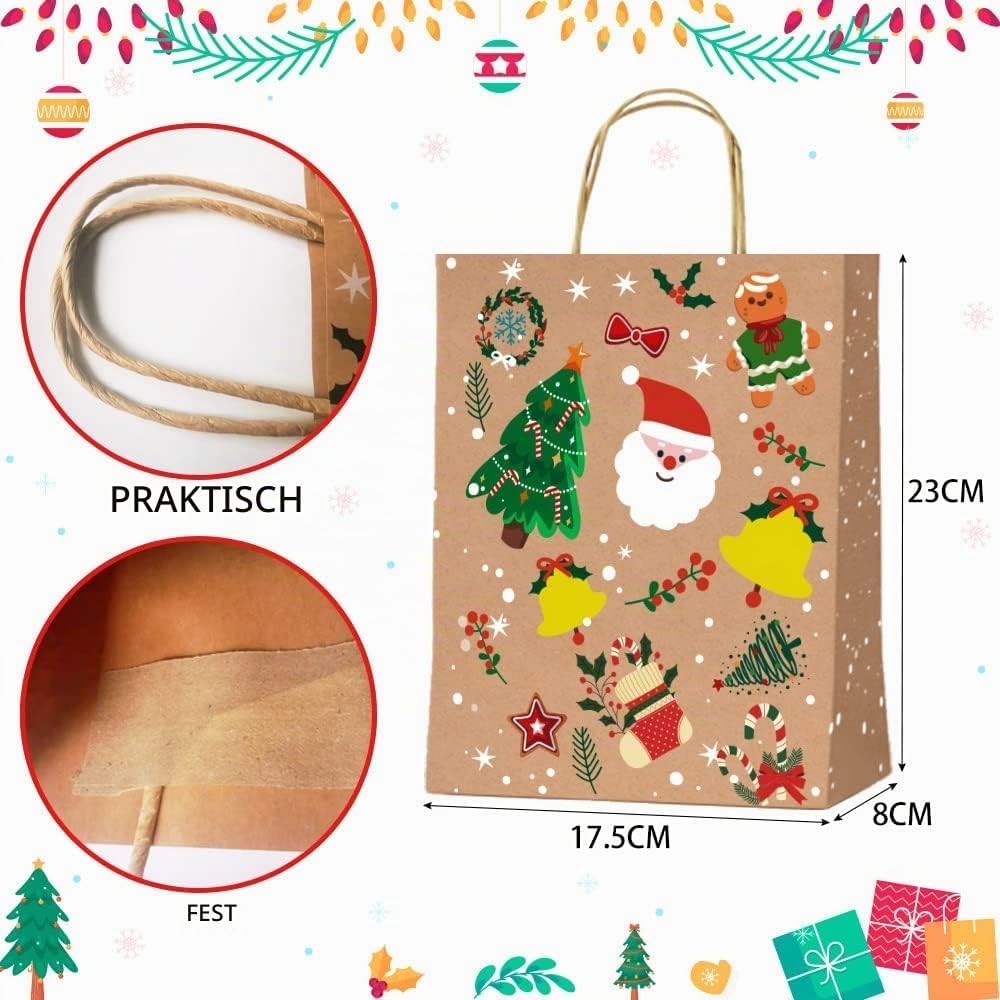 12 Stück Geschenktüten Weihnachten，Papiertüten Weihnachten mit Griff, Kraftpapier Weihnachtstüten fü