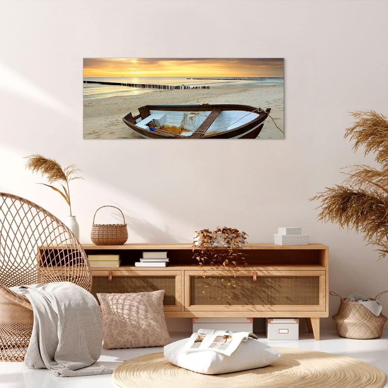 Wandbilder Dekoration Wohnzimmer Strand Boot Ostsee Sommer Panorama Bilder auf Leinwand 120x50cm Lei