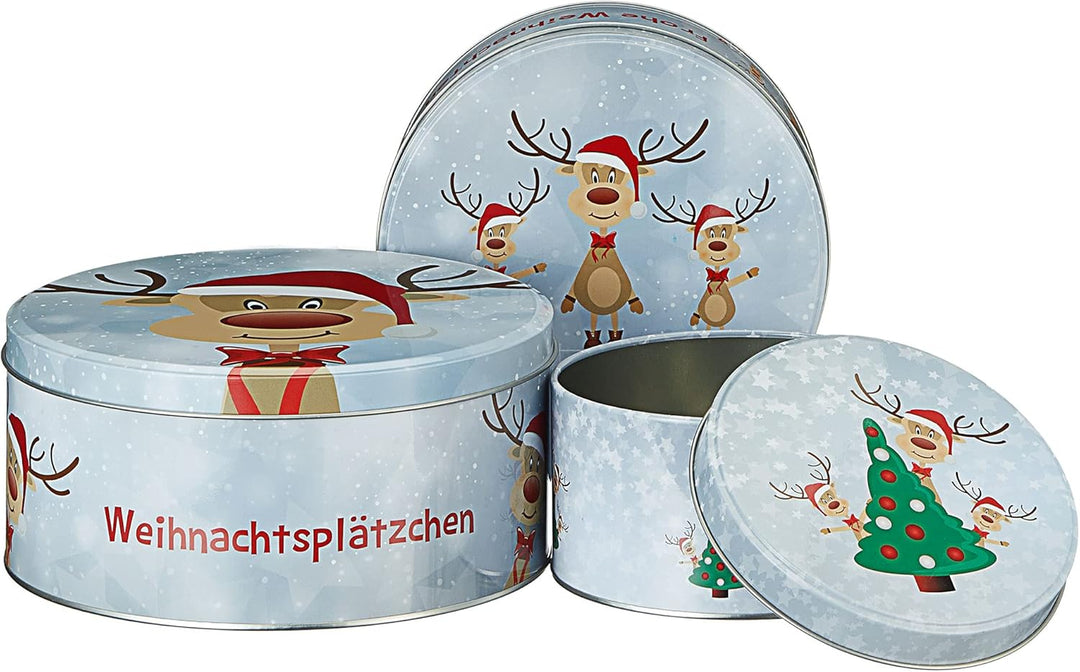 Cepewa Gebäckdose Rentier Ole 3er Set Weihnachten | 3 Grössen rund Metall | Aufbewahrung Weihnachtsg