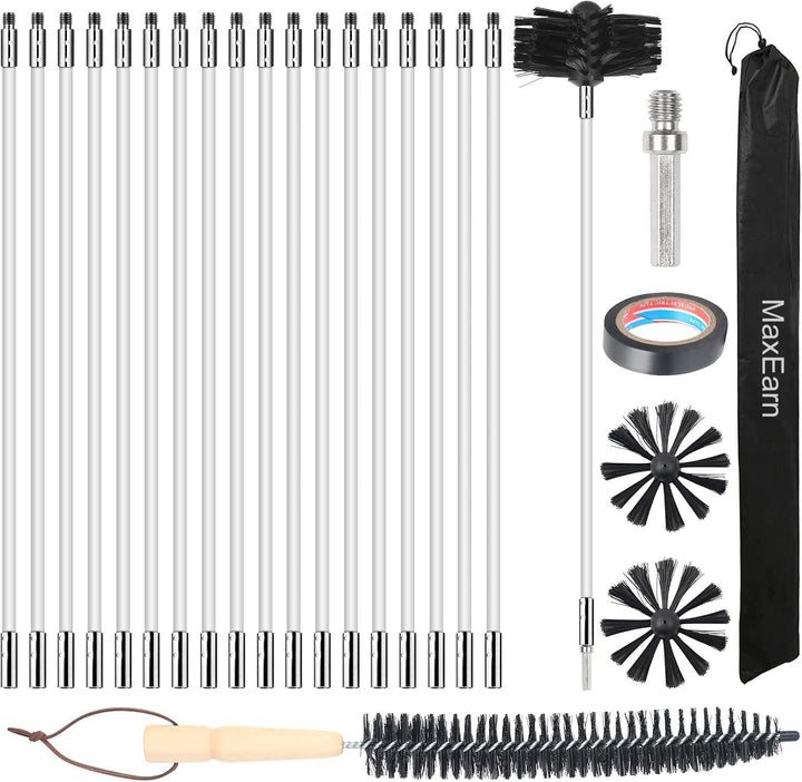 24 Stk Kaminbürste Stange Set mit 18 Flexible Stangen 410 mm+ 2 Bürstenköpfen 150mm + 1 Lange Holzbü