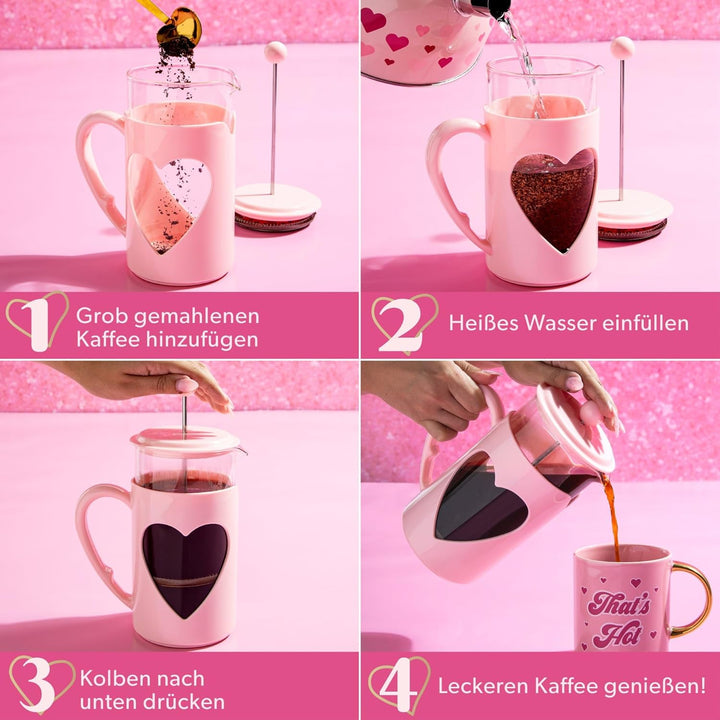 Paris Hilton – French Press im Herzdesign 1L – Kaffeepresse aus Glas und Kunststoff mit Edelstahlfil