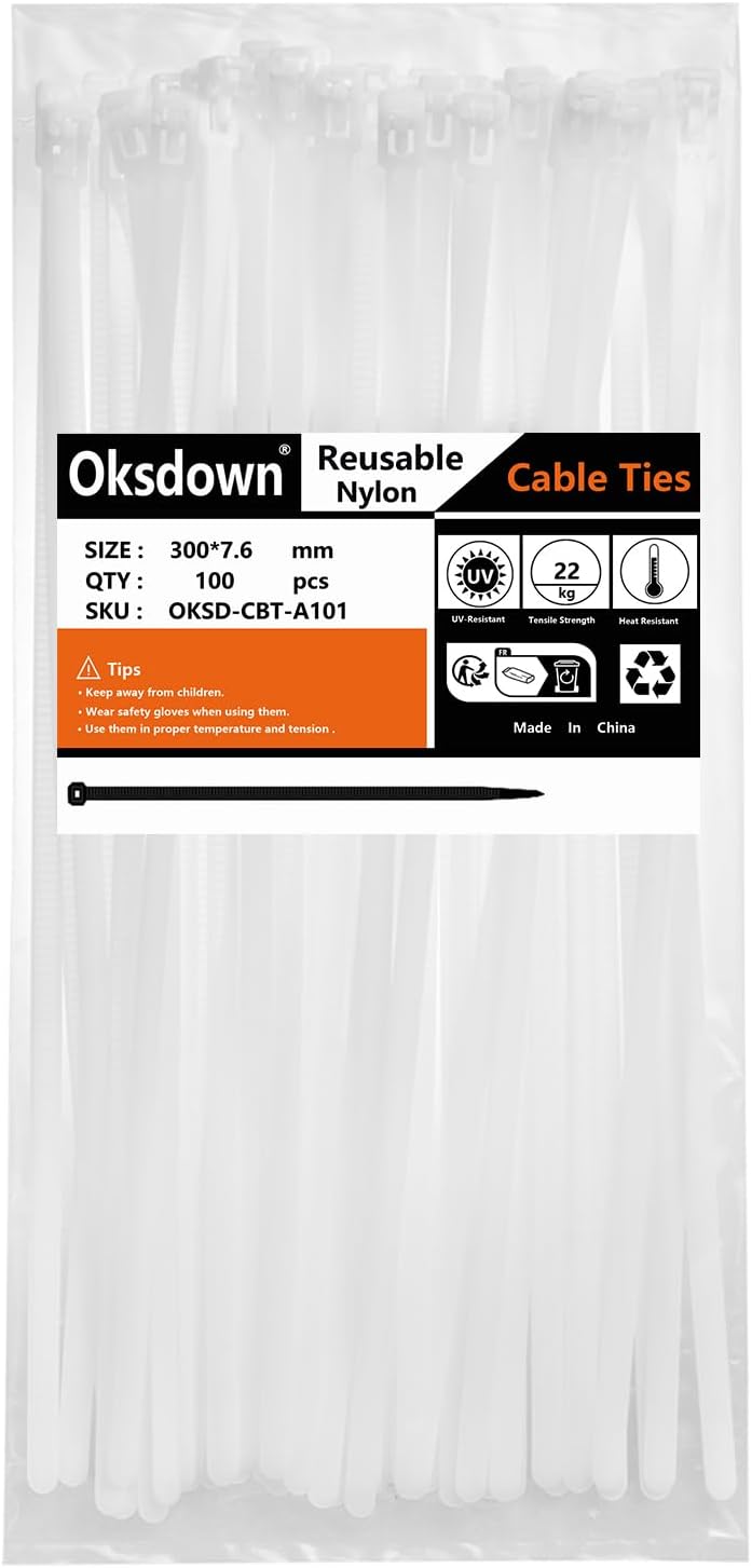 Kabelbinder wiederverschliessbar Weiss 300 mm × 7,6 mm 100 Stück UV-Beständig Stark Gross Nylon Kuns