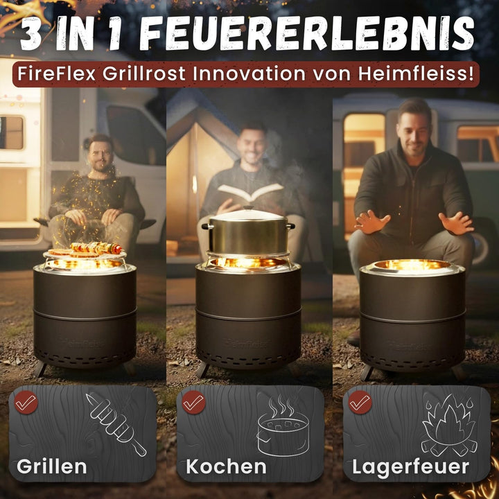 Heimfleiss® Rauchfreie Feuerschale Edelstahl Ø50cm | Feuerkorb mit Grillrost | Feuerschale Rauchfrei