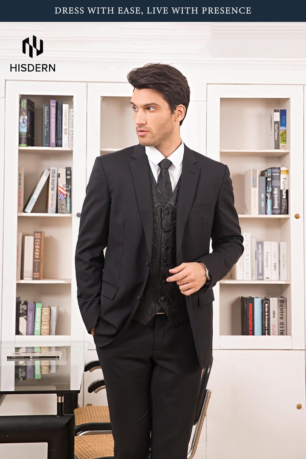 HISDERN Herren FLoral Hochzeit Weste Krawatte Einstecktuch Taschentuch Jacquard Weste Anzug Set XS S