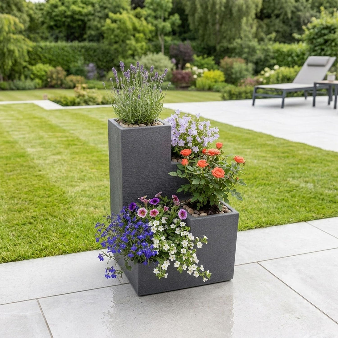 Spetebo 4er Blumentreppe in anthrazit - 60x40x40 cm - XXL Kunststoff Blumenkübel Pflanztrog eckig Pf