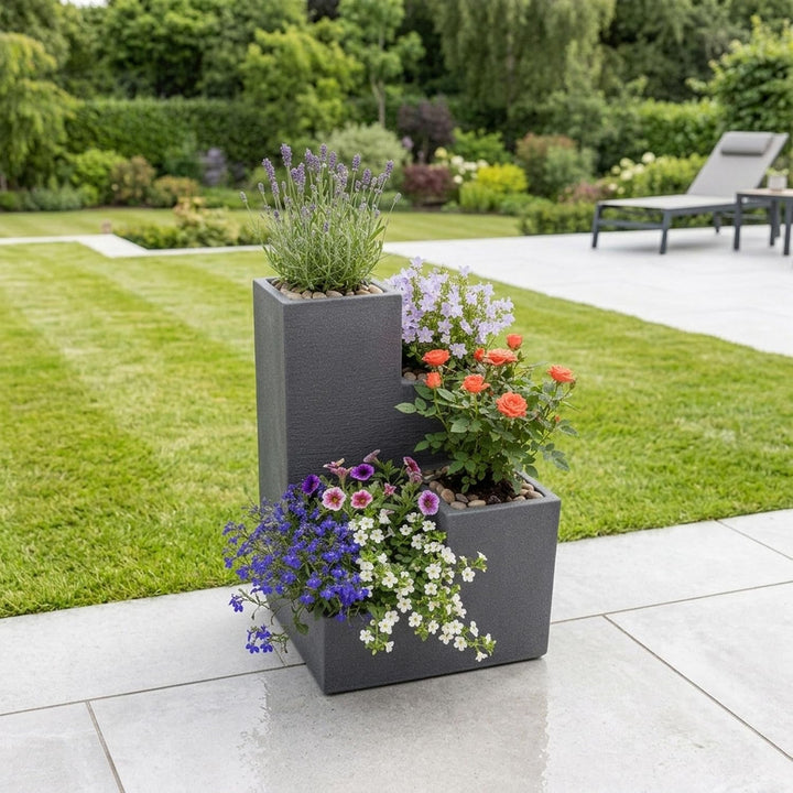 Spetebo 4er Blumentreppe in anthrazit - 60x40x40 cm - XXL Kunststoff Blumenkübel Pflanztrog eckig Pf