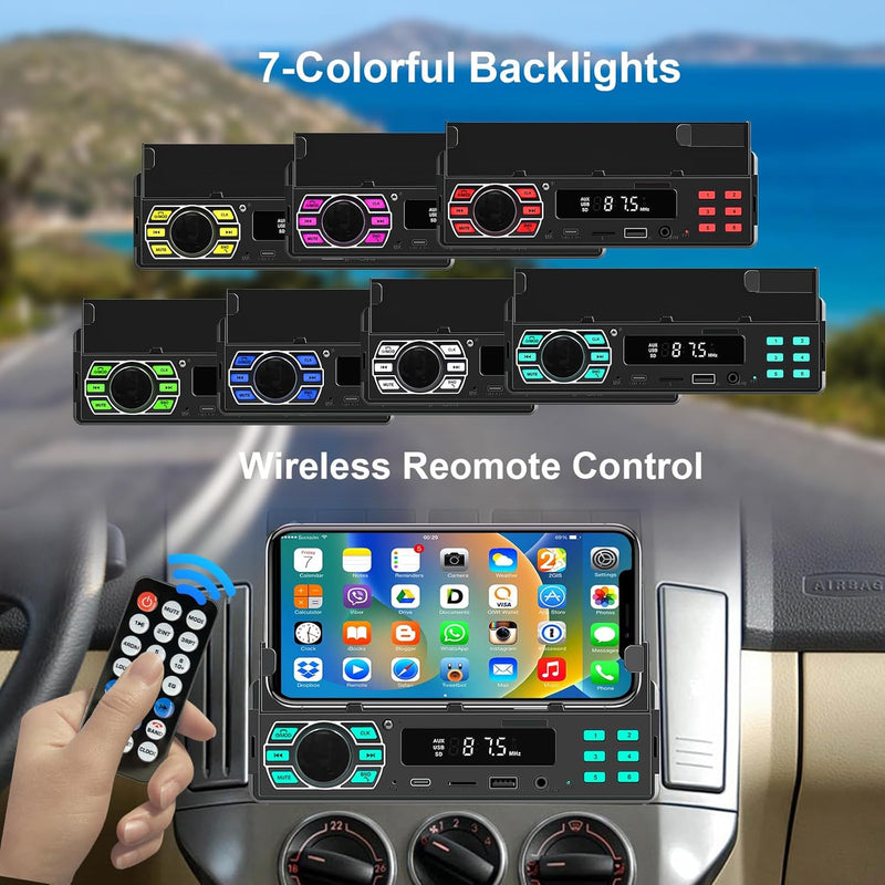 Podofomit Autoradio 1 DIN Stereo mit Handyhalterung Bluetooth 5.1 Freisprecheinrichtung, 12V Autorad