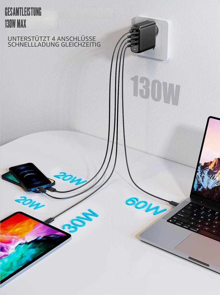 130W USB C Ladegerät, Type C PD 100W+QC 30W PPS GaN Netzteil mit 100W Schnellladekabel 4-Port USB C