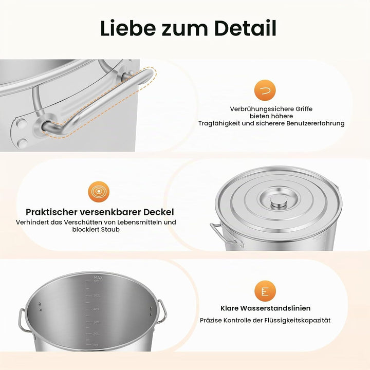 Edelstahl topf 35L/50L/70lL/100L Kochtopf gross Suppentopf 46,5×45cm Einkochtopf mit Rutschfeste Ril