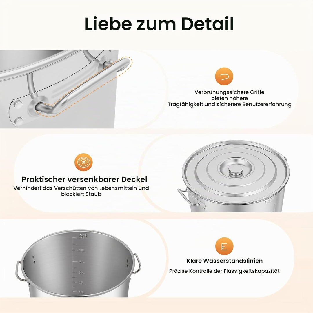 30/50/70 Liter Gastronomie Kochtopf, Suppentopf Mit Edelstahl Deckel, Kochtopf Induktion Gross mit G