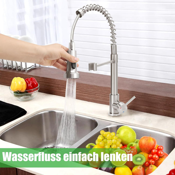 Küchenarmatur mit Brause, Feder-Wasserhahn für Küche, ausziehbare Mischbatterie mit 2 Sprühmodi, Spü