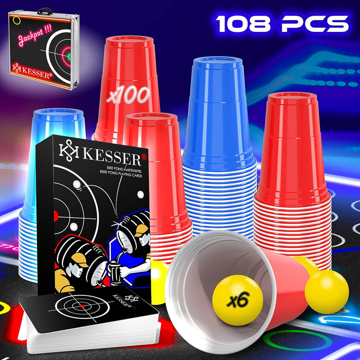 KESSER® Bier Pong Tisch Set mit Kartenspiel Trinkspiel LED-Action inkl. 100 Becher (50 Rot & 50 Blau