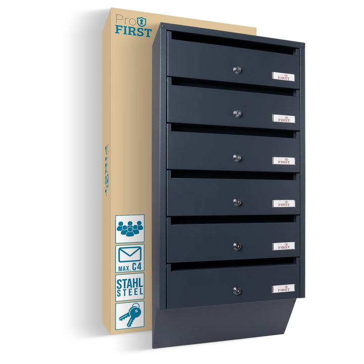 Profirst Briefkastenanlage Maildrop 6 Anthrazit Stahl Zylinderschloss je 2 Schlüssel für 6 Parteien