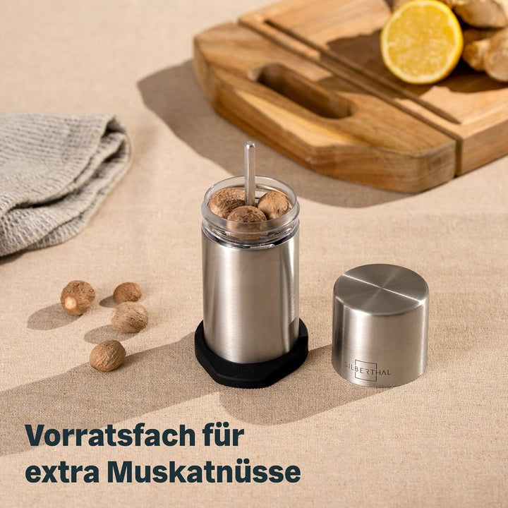 SILBERTHAL Muskatnuss Mühle für fein gemahlene Muskatnuss - Muskatreibe mit Aufbewahrung aus Edelsta
