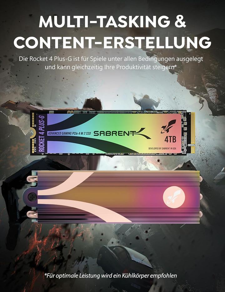 SABRENT Gaming M.2 NVMe SSD 4TB mit Kühlkörper, Internes Solid State 7300 MB/s Lesen, PCIe 4.0 7GBps