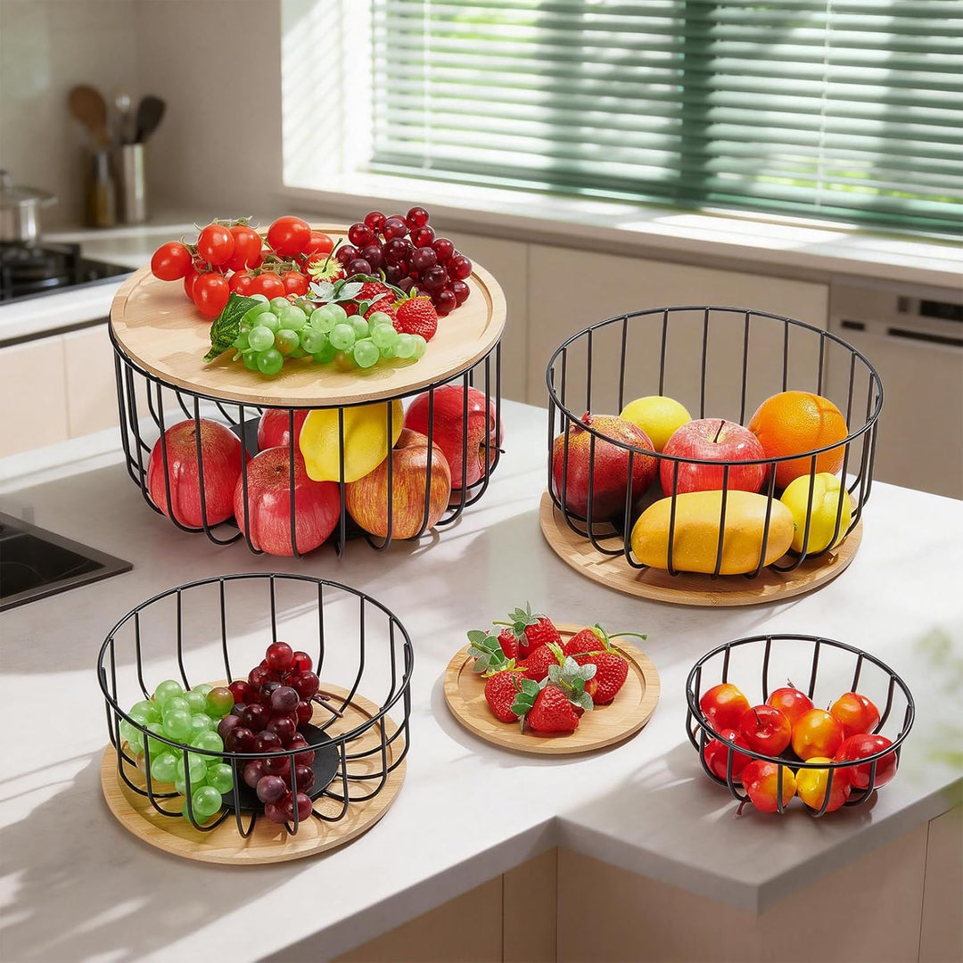 4 Stück Obstkorb Für Die Küchentheke Runder Obstkorb (4 Grösse) Mit Holzdeckel Küchenabfalleimer Für