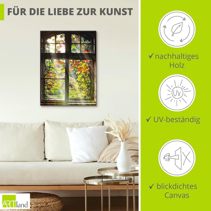 Artland Leinwandbild Wandbild Bild auf Leinwand 60x80 cm Wanddeko Fensterblick Fenster Herbst Natur