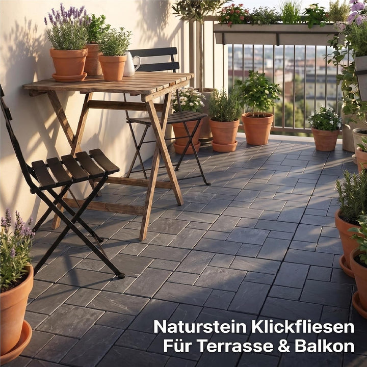 BodenMax 8-er Set Klickfliesen Terrasse Balkon Boden Gehwegplatten Naturstein SCHIEFER | Klassik Mos