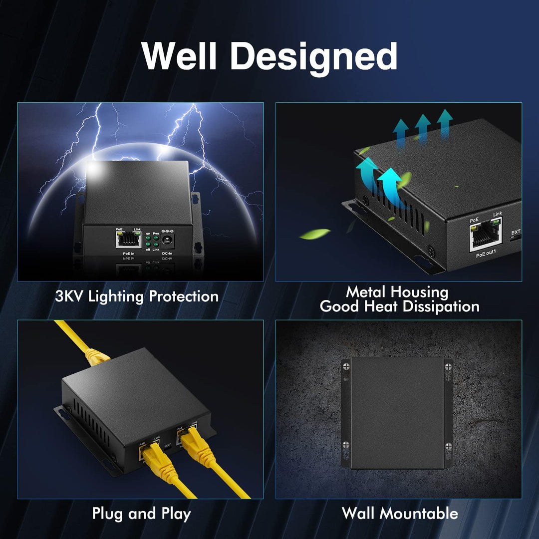 MokerLink 3-Ports Gigabit PoE Passthrough Switch, IEEE 802.3af/at PoE Repeater, 100/1000Mbps, 1 PoE