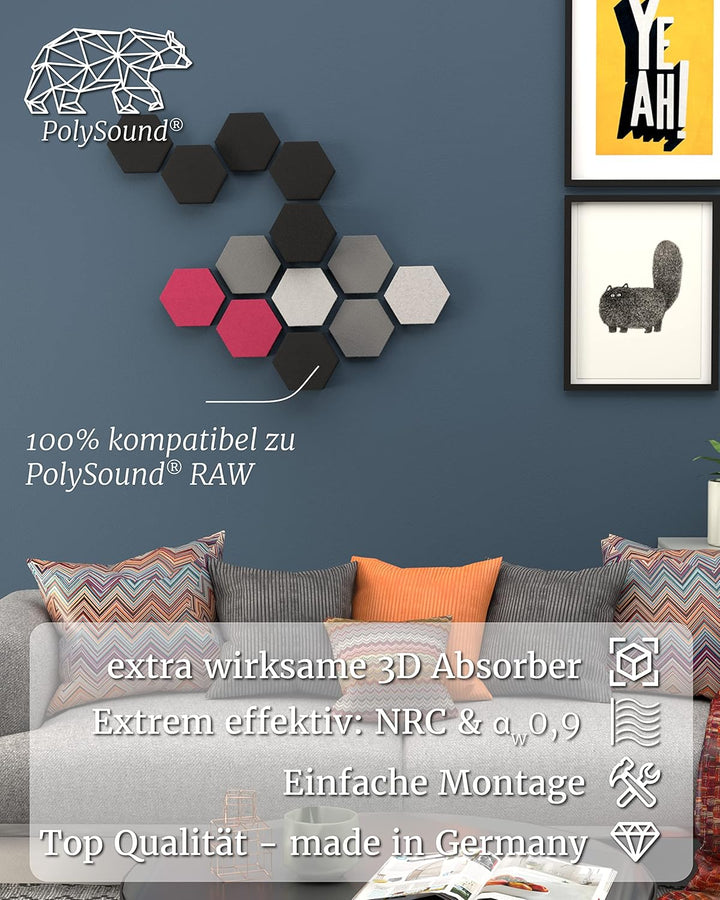 PolySound ECO Akustikpaneele - selbstklebendes 3D-Hexagon-Design - Schallschutz für Büro, Gaming & W