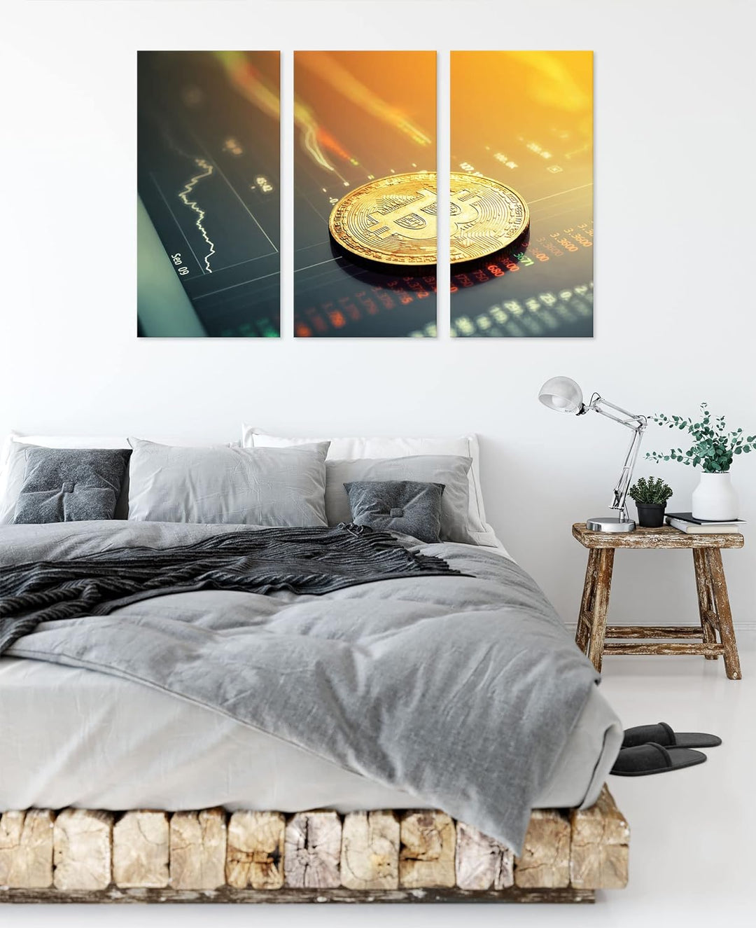 Bitcoin BTC Aktienmarktals Leinwandbild 3 teilig | Grösse: 120x80 cm | Wandbild | Kunstdruck | ferti