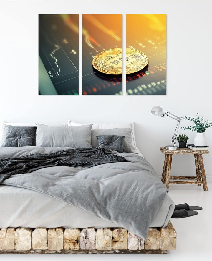 Bitcoin BTC Aktienmarktals Leinwandbild 3 teilig | Grösse: 120x80 cm | Wandbild | Kunstdruck | ferti