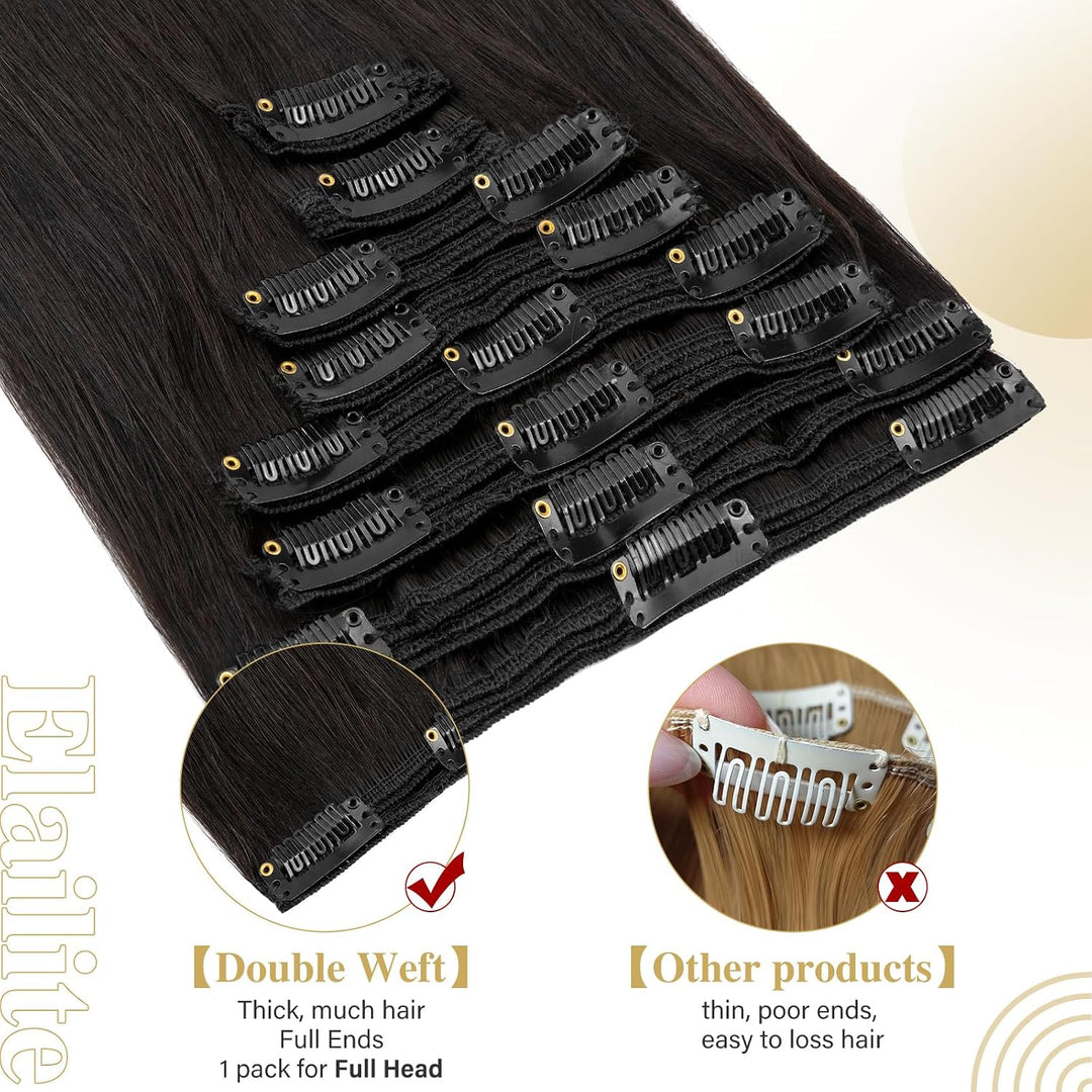 Elailite Clip in Extensions Echthaar Doppelt Tressen 8 Teilig 18 Clips für Mädchen Haarverlängerung