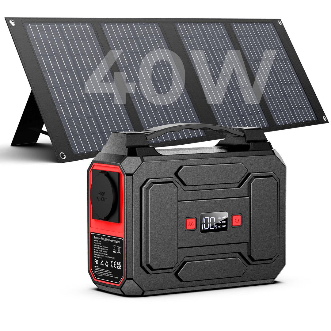 Powkey Solargenerator R100 mit 40W Solarpanel, 99Wh Akku Tragbare Powerstation, 100W AC/18W USB-C Au