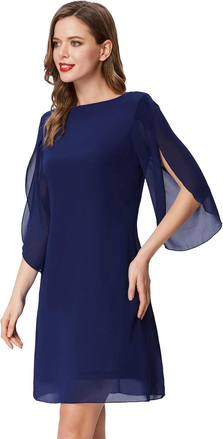 GRACE KARIN Damen Kleid Elegant Chiffon Kleid 3/4 Ärmel Loose Abend Cocktailkleid, XL Navyblau