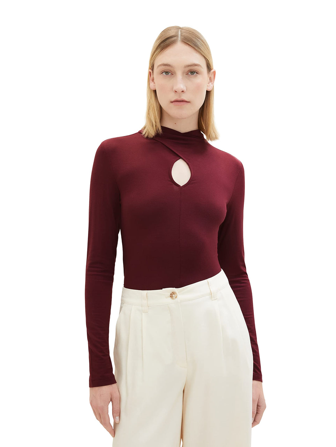 TOM TAILOR Damen Langarmshirt mit Cut-Out Detail L 10308 - Deep Burgundy Red, L 10308 - Deep Burgund