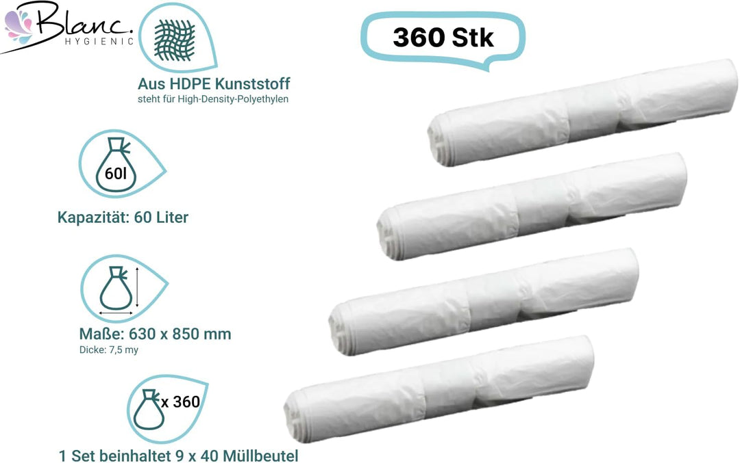 Blanc HYGIENIC Müllbeutel – Mülltüten 60 Liter, 9x 40 Stück auf Rolle, Mülleimerabfallbeutel 7.5 my,
