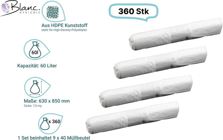 Blanc HYGIENIC Müllbeutel – Mülltüten 60 Liter, 9x 40 Stück auf Rolle, Mülleimerabfallbeutel 7.5 my,