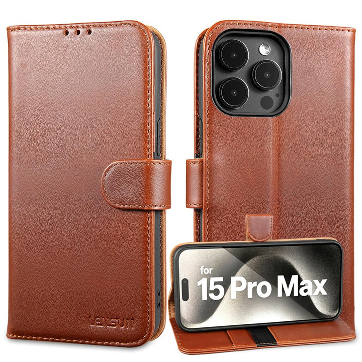 LENSUN Echtleder Hülle für iPhone 15 Pro Max, Handyhülle [Echtes Leder][Kartenfach][RFID Schutz] Han