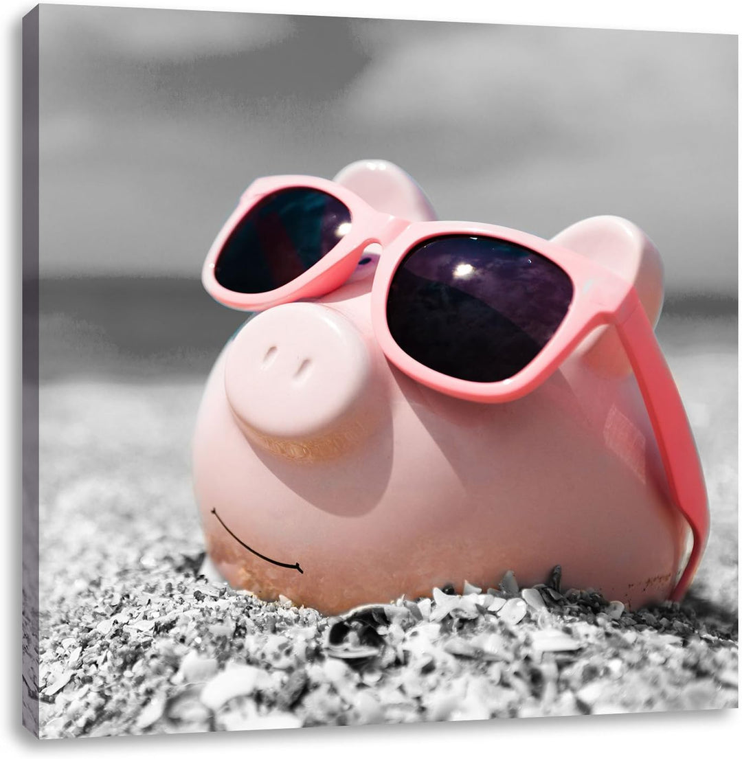 Pixxprint Cooles Sparschwein mit Sonnenbrille am Strand schwarz/weiss, Format: 70x70 auf Leinwand, 7
