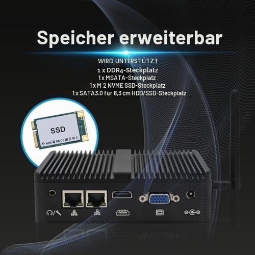 WEIDIAN Industrie PC Lüfterloser Mini PC J5005, 8GB RAM 256GB SSD, 2RS232 COM, 2Gigabit LAN, HD+VGA,