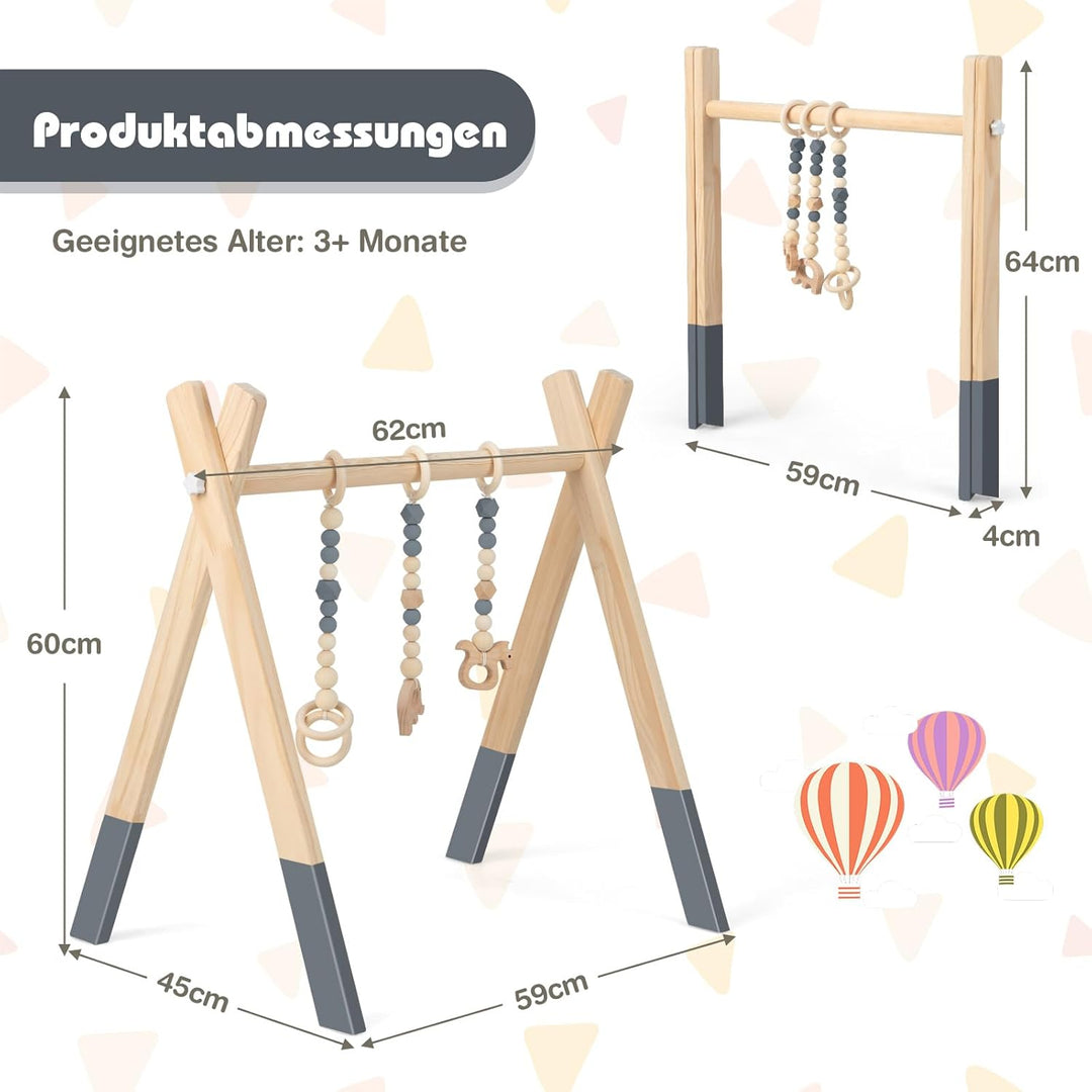 COSTWAY Baby Spielbogen Holz, Spieltrapez klappbar, Baby Gym mit 3 abnehmbaren Kinderspielzeugen, Sp