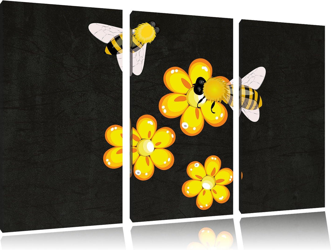 Pixxprint hübsche Bienen mit Blumen als Leinwandbild/Grösse: 3 Teilig (120x80) cm/Wandbild/Kunstdruc