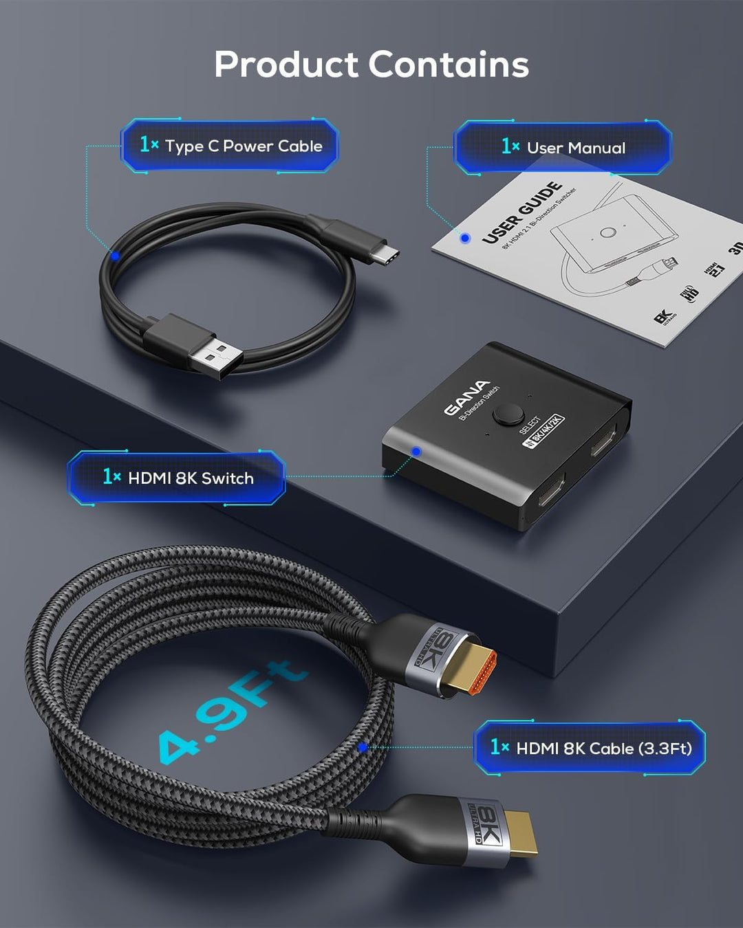 GANA HDMI 2.1 Switch, Ultra HD 8K Bidirectional Splitter, 4K@120Hz, 8K@60Hz, Aluminum Selector for P