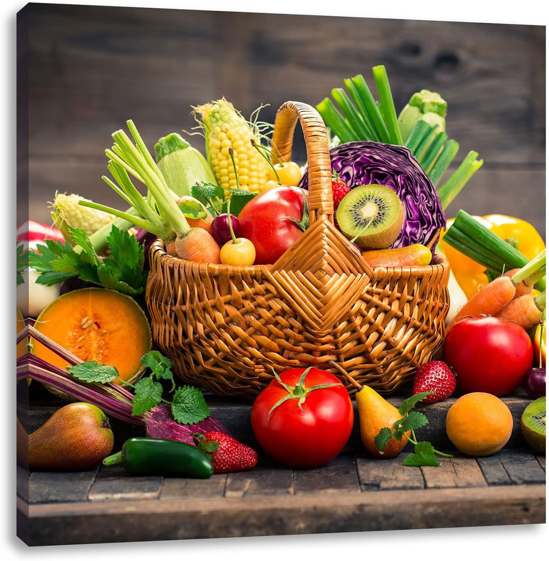 Pixxprint Frisches Obst und Gemüse im Korb, Format: 70x70 auf Leinwand, 70x70
