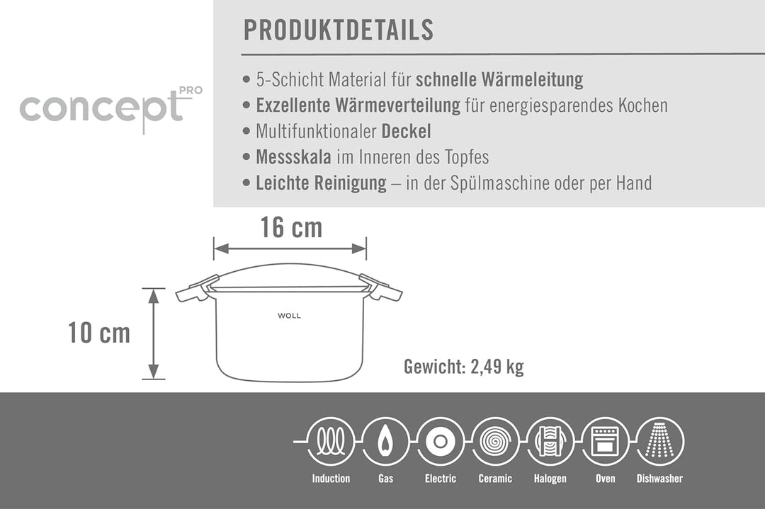 Woll Concept PRO Kochtopf mit Deckel-Induktiv, Ø 16 cm, 10 cm hoch, 2,0l-Geeignet für alle Herdarten