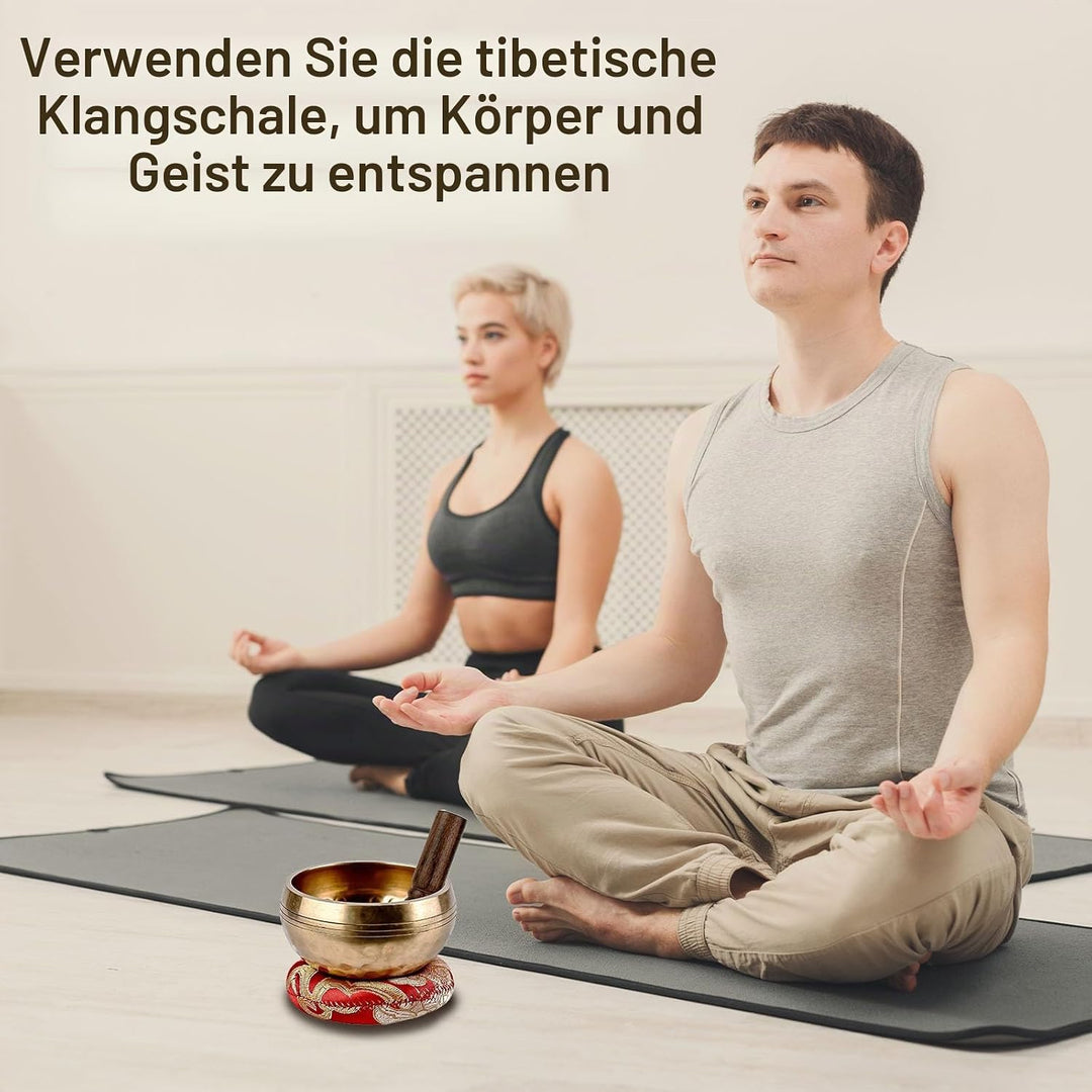 Tibetisches Klangschalen-Set, Meditationsklangschale aus Messing, 8,6 cm Durchmesser,wird mit hölzer