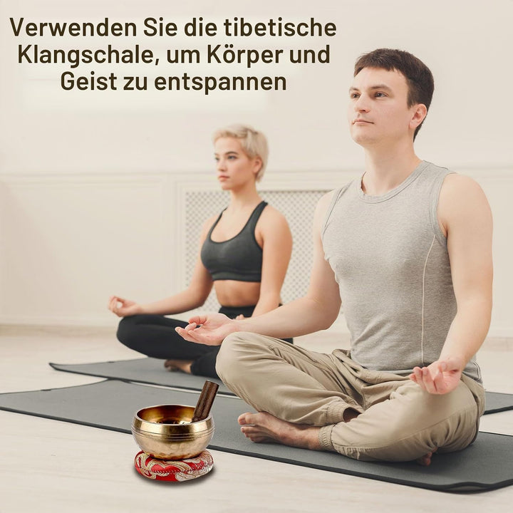 Tibetisches Klangschalen-Set, Meditationsklangschale aus Messing, 8,6 cm Durchmesser,wird mit hölzer