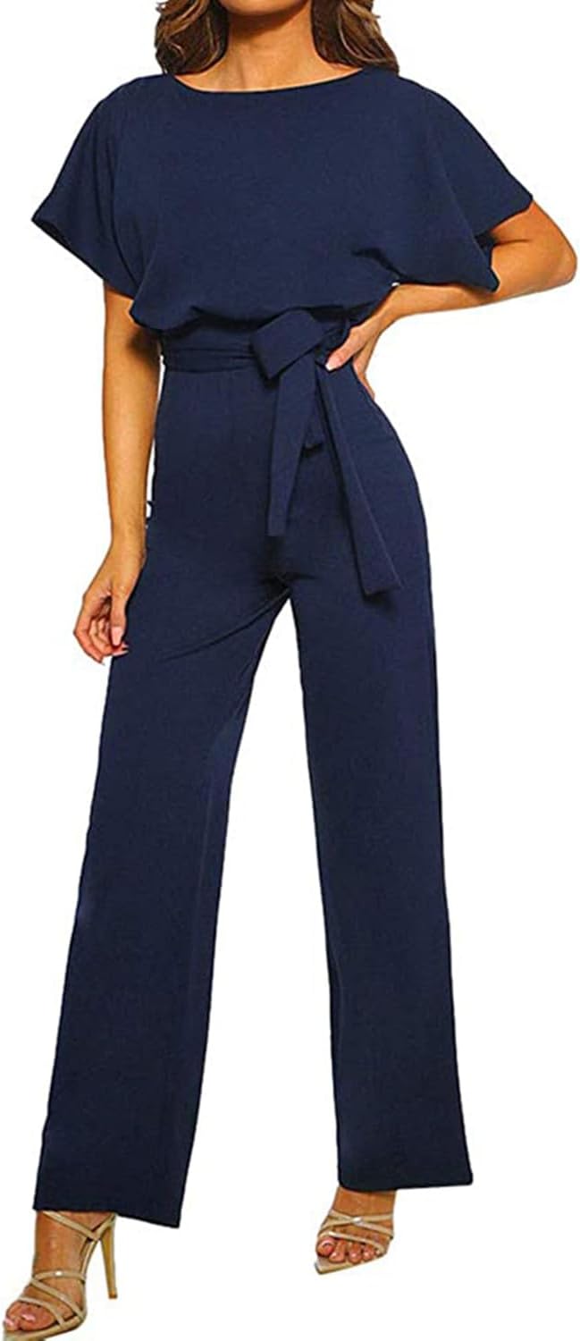Coloody Damen Lang Jumpsuit Elegant Sommer Kurzarm V-Ausschnitt Overall Hosenanzug Romper Weites Bei