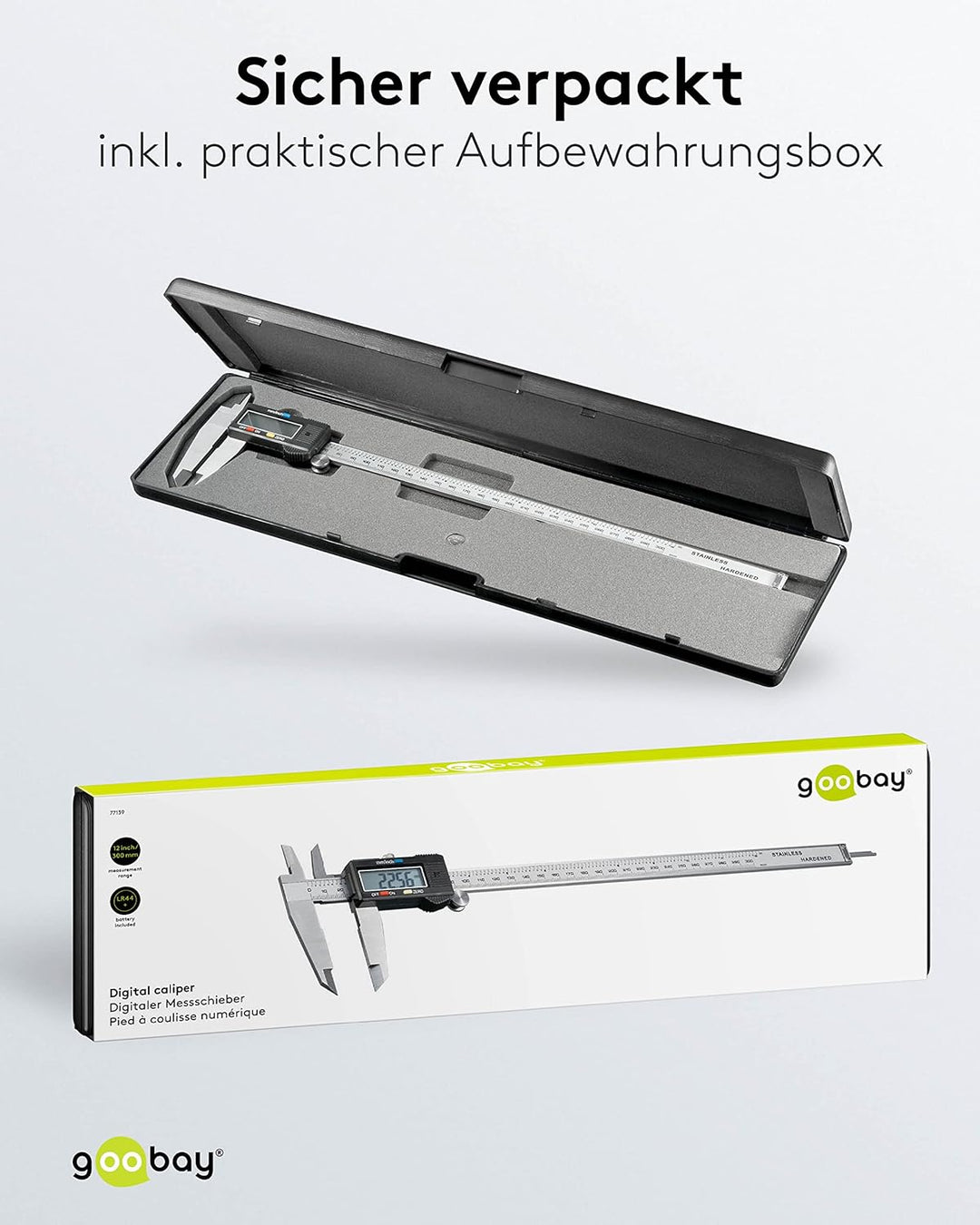 Goobay 77139 Messschieber digital 0 - 300 mm / Elektrische Schieblehre digital 12 Zoll / Für Tiefen-