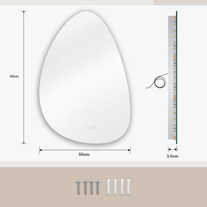 Dripex Badezimmerspiegel Led Badspiegel, Asymmetrisch, Touch-Schalter, Dimmbar, 3 Lichtfarbe Einstel
