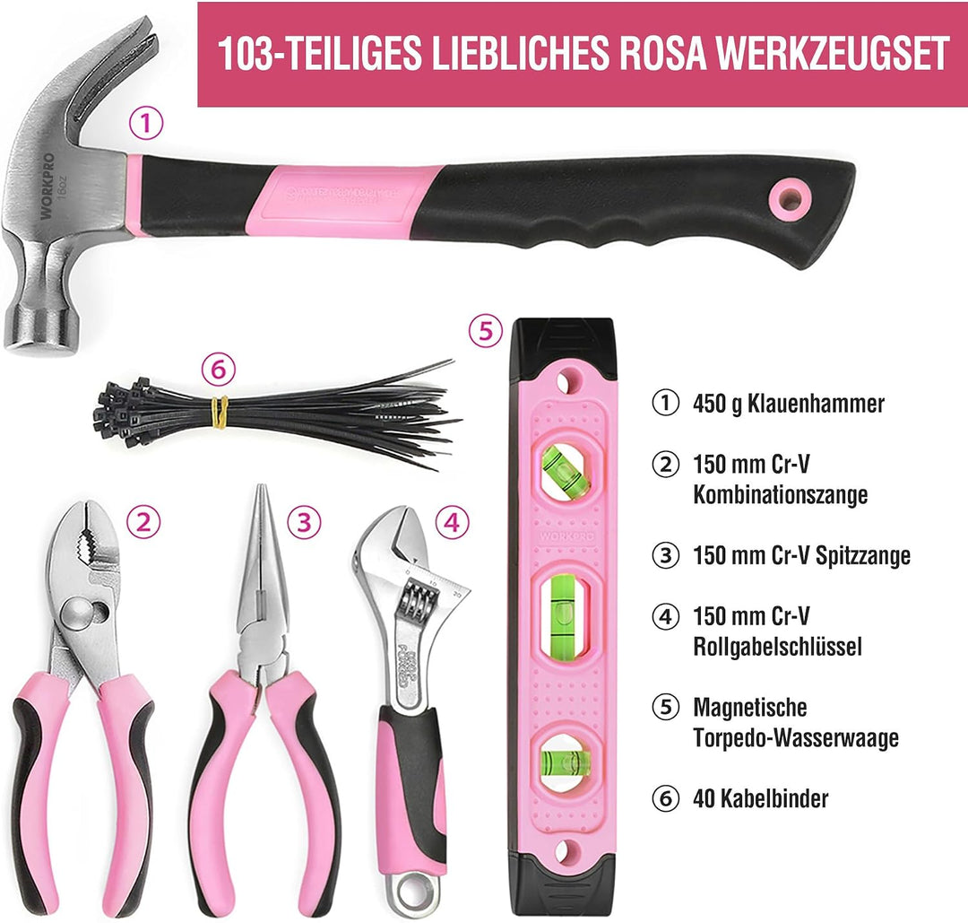WORKPRO Pink Werkzeug Set Rosa 103 teilig Haushalts-Werkzeugsatz Reparatur mit Tasche, Ideal Geschen
