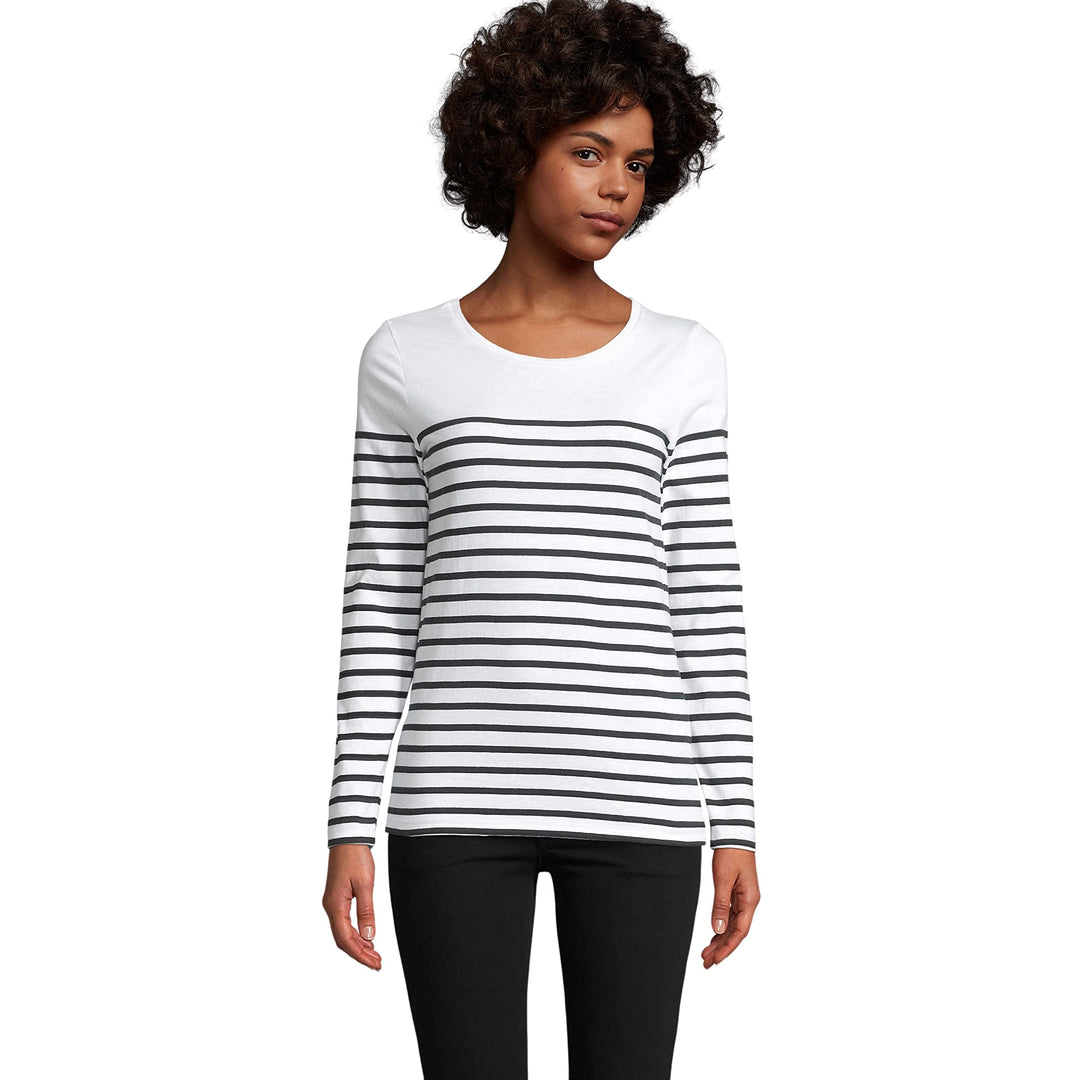 Damen-T-Shirt, Marineblau, langärmlig, gestreift, T-Shirt, Damenkleidung, 100 % Baumwolle, erhältlic