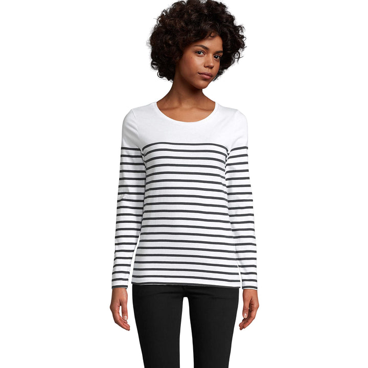 Damen-T-Shirt, Marineblau, langärmlig, gestreift, T-Shirt, Damenkleidung, 100 % Baumwolle, erhältlic