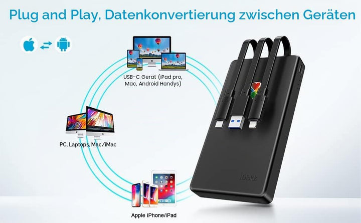 iDiskk 1 TB MFi-zertifizierte 3in1 Lightning-Festplatte für iPhone,integrierte 3 Kabel, USB-C-Festpl