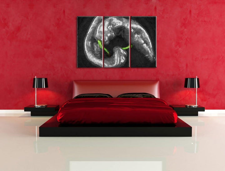 appetitliche scharfe Chilischoten schwarz/weiss Deluxe 3-Teiler Leinwandbild 120x80 Bild auf Leinwan